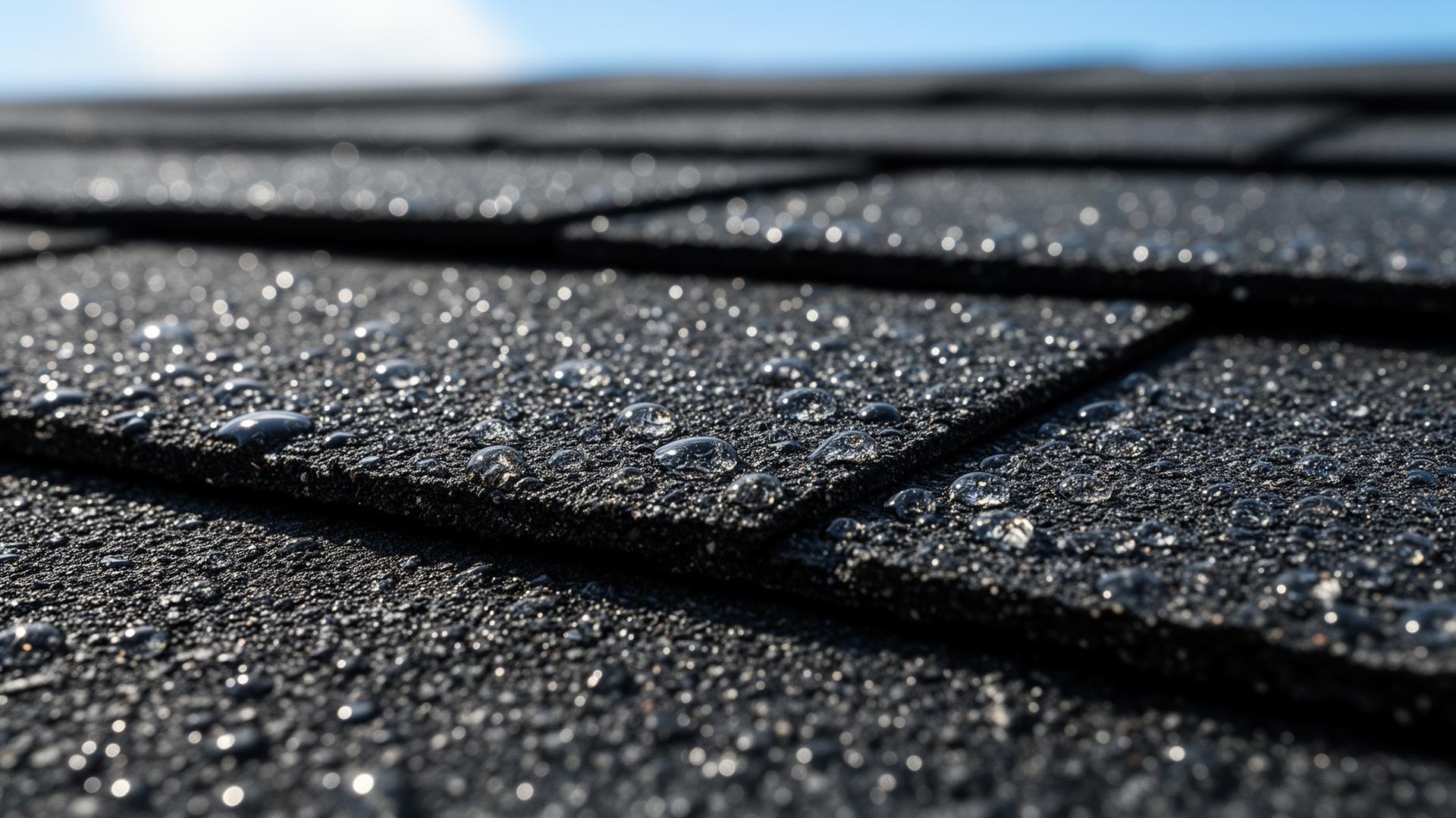 Macro view of water beading on a hydrophobic nano-coated shingle